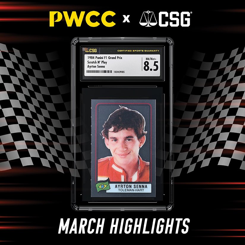 CSG-graded cards are🔥up the @PWCCmarketplace! Graded through our partnership with PWCC, this highly sought after 1984 Panini F1 Grand Prix Scratch N’ Play Ayrton Senna card sold 🏎️ for $24,600. Take a closer look at the top CSG-graded PWCC sales at csg.click/PWCC0323

#CSG
