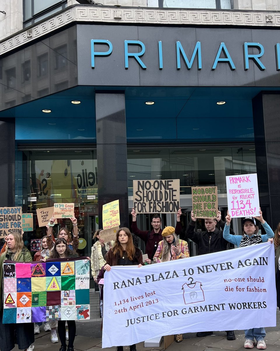 Massively grateful to those who joined us today both in Manchester and in London. 

Remembering those lost in Rana Plaza ten years ago, and demanding action from the brands involved and the rest of the fashion industry.
 #RanaPlaza #GarmentWorkers #FashionRevolutionWeek #Protest
