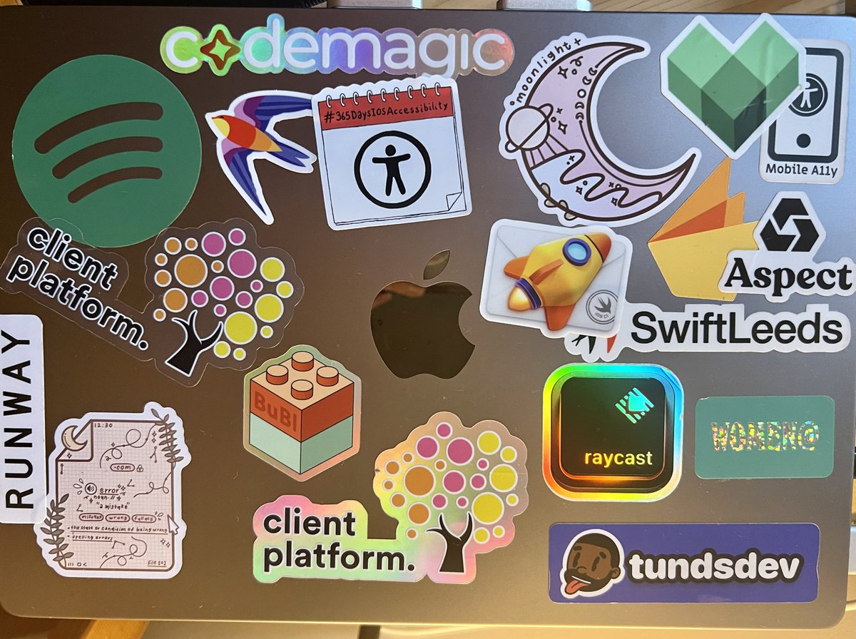 Chaotic sticker spread ft @SpotifyEng @tundsdev @dadederk @bazelbuild @polpielladev @swift_leeds @RobRWAPP @aspect_dev @codemagicio @raycastapp @RunwayTeam @Firebase ✨