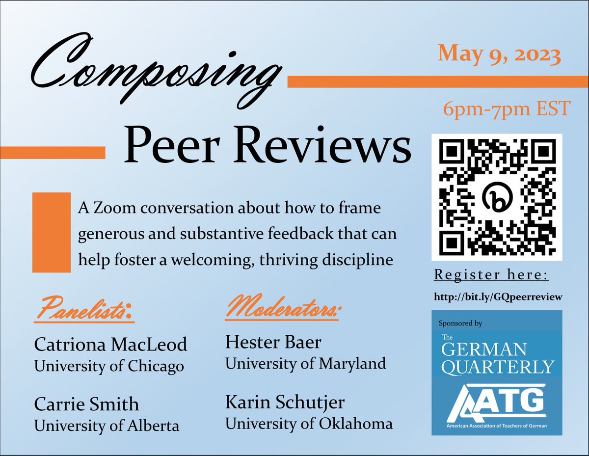 German Quarterly (@germanquarterly) on Twitter photo Join us on May 9 for a conversation with <a href="/CatrionaMacL/">Catriona MacLeod</a> and @drcarriesmith about how to frame helpful feedback when reviewing manuscripts and how the process of peer review contributes to shaping our disciplines. Register here: bit.ly/GQpeerreview Join us on May 9 for a conversation with <a href="/CatrionaMacL/">Catriona MacLeod</a> and @drcarriesmith about how to frame helpful feedback when reviewing manuscripts and how the process of peer review contributes to shaping our disciplines. Register here: bit.ly/GQpeerreview