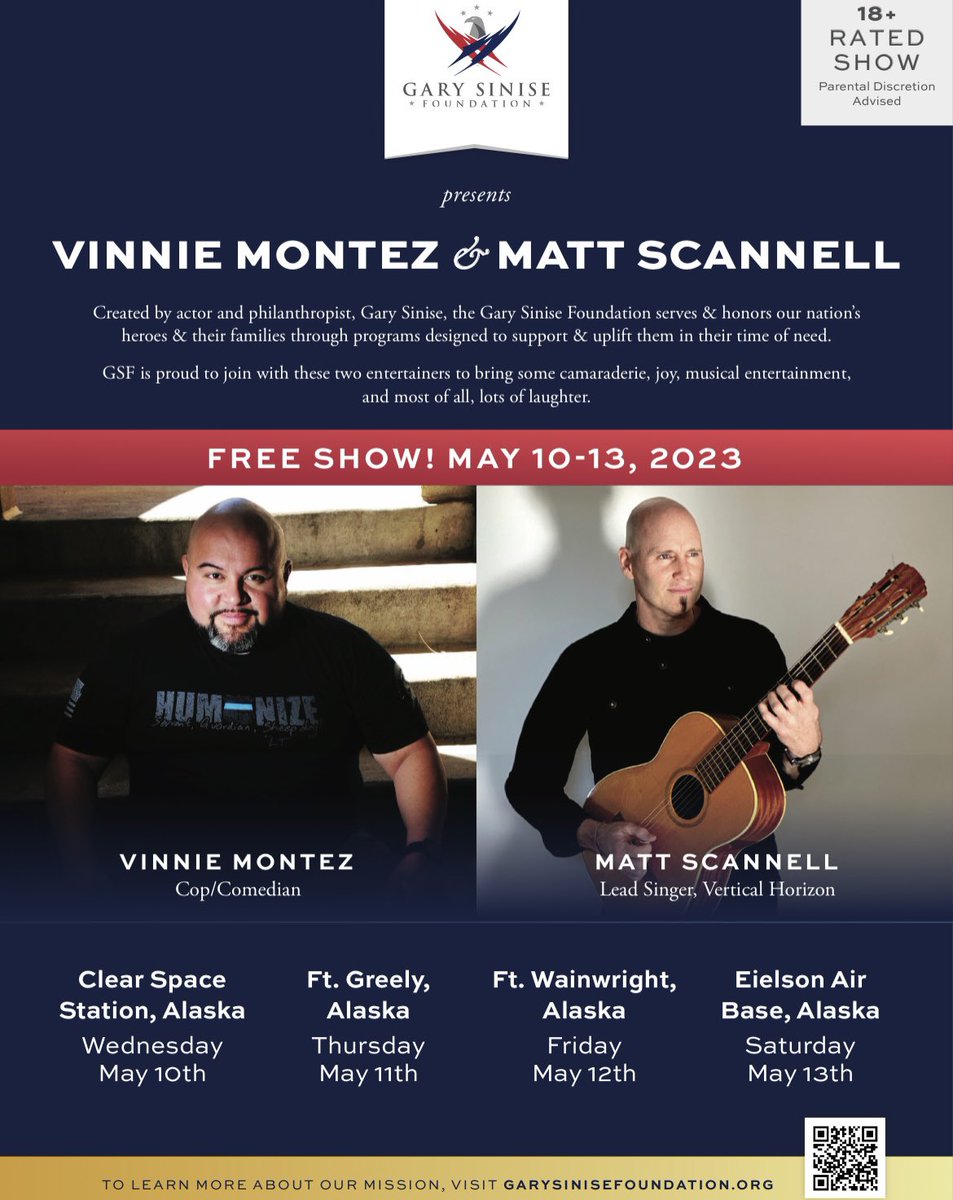 I’m so grateful to have been invited by @GarySiniseFound to play at some of our bases in Alaska from May 10-13. Please join @vinniemontez and myself for a fun night!