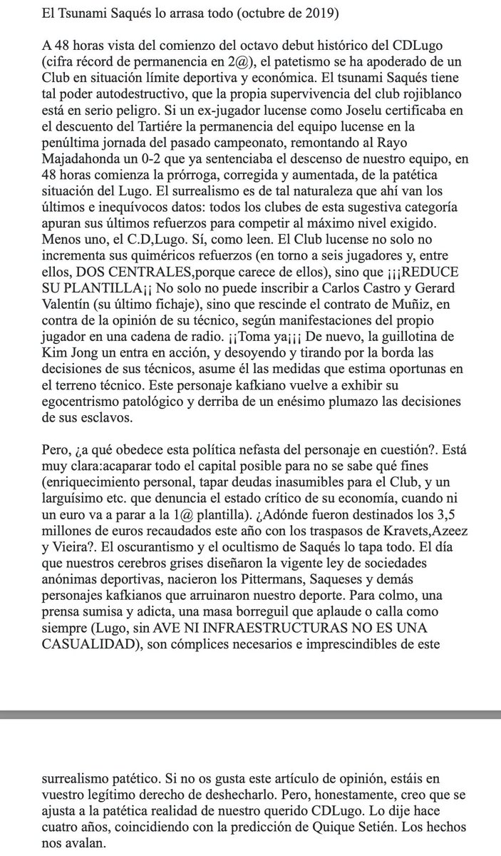 Último artículo premonitorio sobre el destino del Lugo de Saqués firmado por Murillo horas antes de su fallecimiento, a modo de testamento de su opinión sobre su <a href="/CDeportivoLugo/">Club Deportivo Lugo 🪓</a>