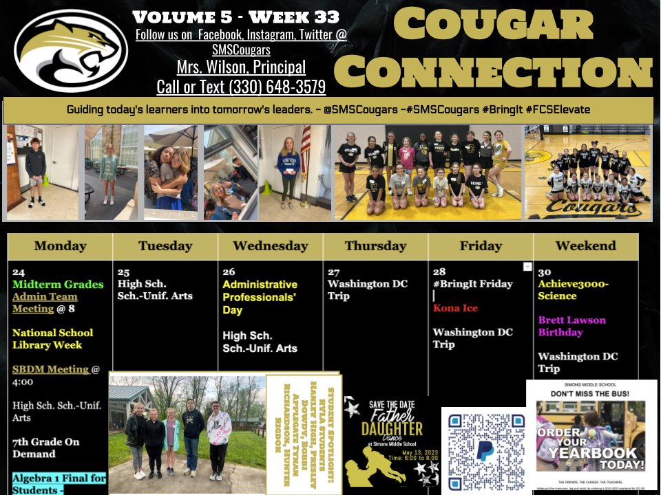 SMSCougars's tweet photo. Enjoy week 33 of the Cougar Connection! Congratulations to Presley Dowdy, Presley Dowdy, Tynan Richardson, and Hunter Rigdon for being this week's student spotlight. Let's have another great week #SMSCougars!
https://t.co/U5PCuRMYQE
#BringIt https://t.co/x3ZbCluewZ