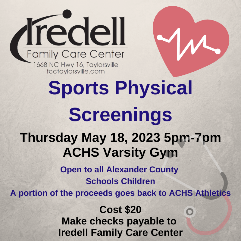 ACcougarsports's tweet photo. Iredell Family Care Center will continue its Sports Physical Night here at ACHS on May 18th from 5-7 pm. It's open to all Alexander County athletes in need of a sports physical.  The cost is $20, with a portion of proceeds going back to ACHS Athletics.

#bluecollargoldstandards https://t.co/3cI5RxS3xl