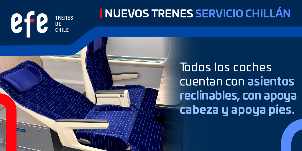 EFETrenesChile's tweet photo. ¡Los nuevos trenes 🚄 para el servicio Chillán cuentan con una única clase de alto estándar, asientos reclinables, apoya cabeza y apoya pies 👏!

Actualmente los equipos están realizando distintas pruebas necesarias antes de entrar en operación 💪.

#TrenesParaChile 🚉 https://t.co/LFvUvpDi1x