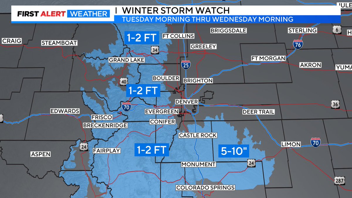 First Alert: Tuesday morning thru Wednesday morning could be a Front Range Foothills &amp; Mtns branch breaker! Denver may be too warm for much snow, #cowx #4wx #FirstAlertwx #FirstAlert <a href="/LaurenCBS4/">Lauren Whitney</a> @AshtonCBS4 <a href="/CallieZTV/">Callie Zanandrie</a> <a href="/CBSNEWSCOLORADO/">CBSColorado</a>