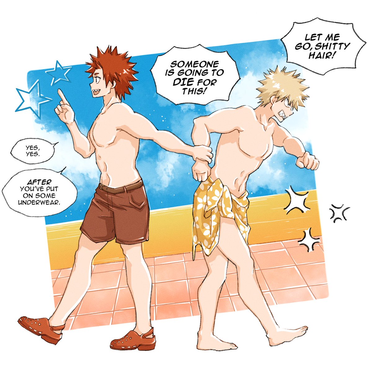 Finally, Kirishima steps in to control things before anyone gets exploded on the face. Thanks to everyone who helped RT and like so Bakugou could get ready for the summer!

#bakugou #mha #kiribaku #KRBKWeek2023 

Zine releases in 1 week! Pre-order here: petrichorzine.gumroad.com/l/zinepreorder