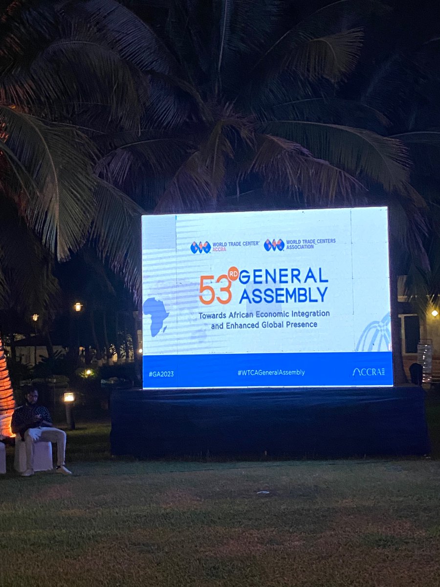 WTCA's tweet photo. Tonight we officially kicked off the 2023 #WTCAGeneralAssembly @ @LaPalmRoyalB w/ the Welcome Reception & remarks from John E. Drew of @ReaganITCDC #WTCBoston @DublinWTC and H.R.H. @togbeafedexiv of @wtc_accra. Welcome #GA2023 attendees to #Accra #Ghana! https://t.co/68dEaXDQTt