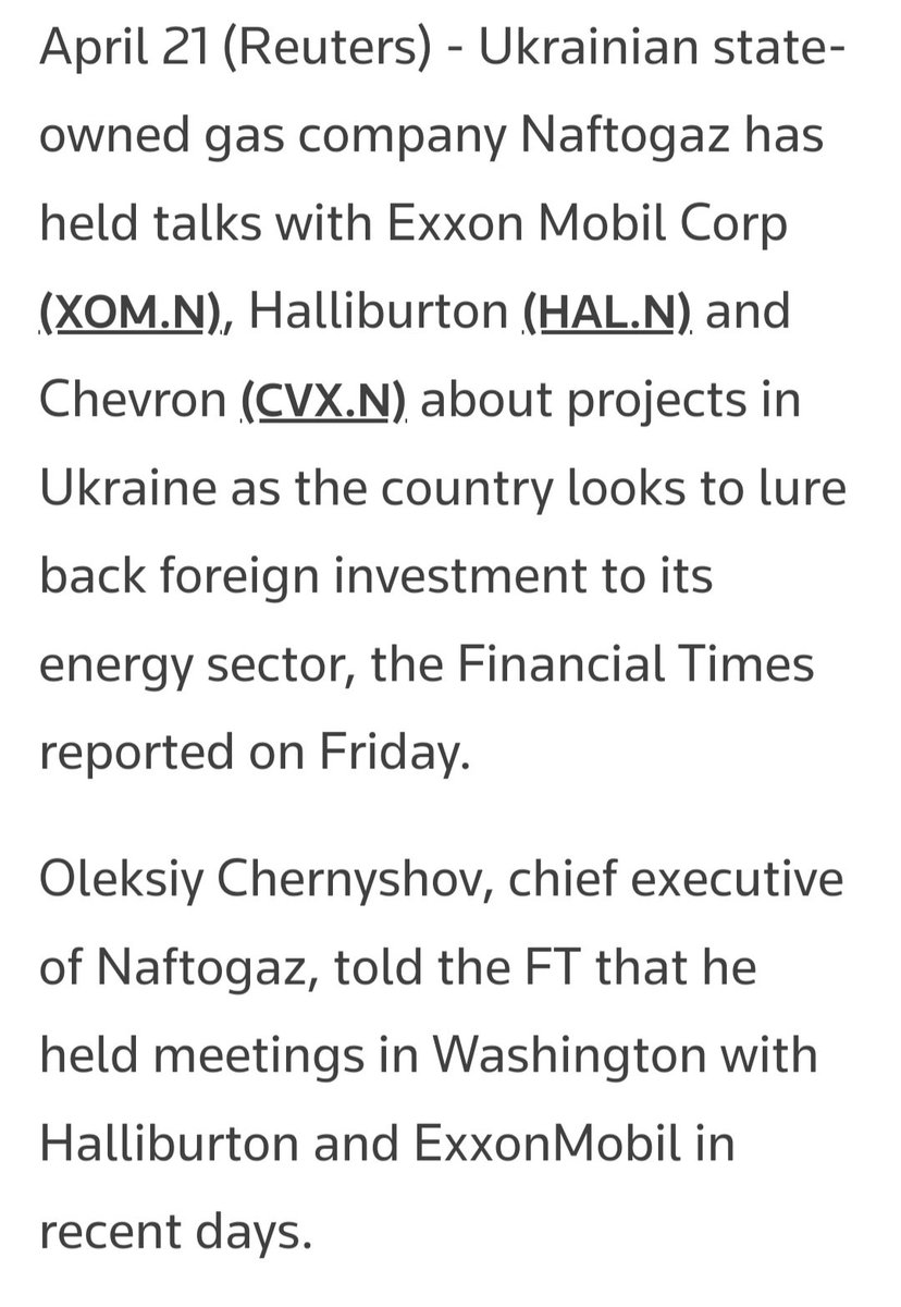 #Naftogaz beginnt Gespräche mit #Exxon, #Haliburton und #Chevron über Gasförderung in der #Ukraine. Das Gas, mit dem dann unsere #Energiewende teuer in den #USA erkauft wird.
In diesem Krieg geht es nicht um Werte. Es geht mal wieder nur um #Rohstoffe und Kontrolle der #EU.