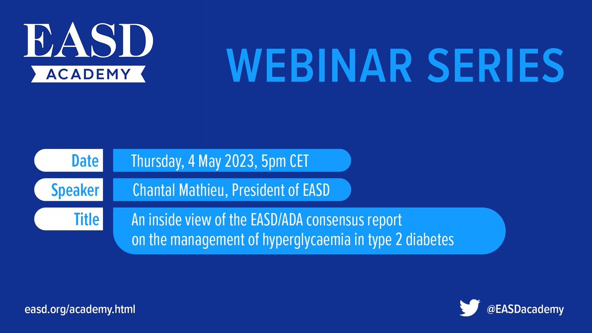 Beatriz Merino Antolín 🥼⚗️🧬🔬 (@merinoantolin) on Twitter photo 💻Don´t miss our next <a href="/EASDacademy/">EASD Early Career Academy</a> Webinar!
📅Thursday, 4 May 🕔5 pm CET
📢Chantal Mathieu @professorcm
📢📢"An inside view of the EASD/ADA consensus report on the management of hyperglycemia in T2D" Registrations here 👇
lnkd.in/eFszgz7S
<a href="/EASDnews/">EASD</a> <a href="/SEDiabetes/">SED Diabetes</a> <a href="/ciberdem/">CIBERDEM</a> 💻Don´t miss our next <a href="/EASDacademy/">EASD Early Career Academy</a> Webinar!
📅Thursday, 4 May 🕔5 pm CET
📢Chantal Mathieu @professorcm
📢📢"An inside view of the EASD/ADA consensus report on the management of hyperglycemia in T2D" Registrations here 👇
lnkd.in/eFszgz7S
<a href="/EASDnews/">EASD</a> <a href="/SEDiabetes/">SED Diabetes</a> <a href="/ciberdem/">CIBERDEM</a>
