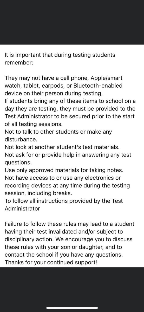 Remember that we continue testing this week. Make sure all computers are updated and don’t forget all the prohibited behaviors in the testing room, especially no phones or other electronic devices. Have a great week testing and good luck!