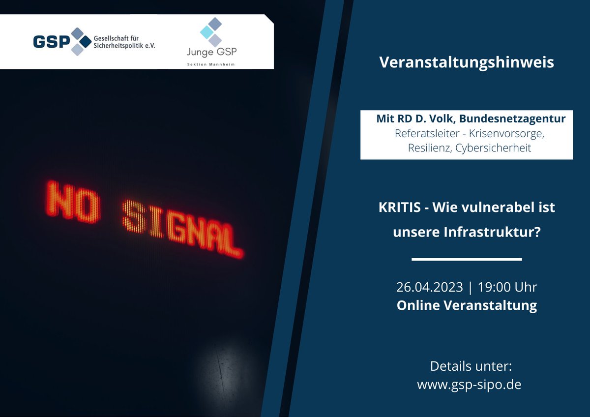 Gesellschaft für Sicherheitspolitik e.V. (GSP) (@gspsipo) on Twitter photo (KS) Wie gut ist unsere kritische Infrastruktur (#KRITIS) in 🇩🇪 tatsächlich geschützt? Wie stark ist sie im Krisenfall eventuell gefährdet? Die <a href="/GSP_Mannheim/">Junge GSP Mannheim</a> informiert: Jetzt schnell kostenlos zur Online-Veranstaltung am 26.04. um 19:00 Uhr anmelden!👇
us02web.zoom.us/webinar/regist… (KS) Wie gut ist unsere kritische Infrastruktur (#KRITIS) in 🇩🇪 tatsächlich geschützt? Wie stark ist sie im Krisenfall eventuell gefährdet? Die <a href="/GSP_Mannheim/">Junge GSP Mannheim</a> informiert: Jetzt schnell kostenlos zur Online-Veranstaltung am 26.04. um 19:00 Uhr anmelden!👇
us02web.zoom.us/webinar/regist…