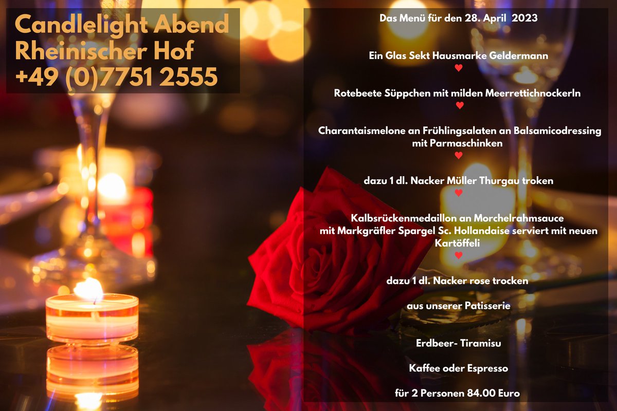 RHWaldshut's tweet photo. Wir freuen uns auf den nächsten Candlelight Abend mit euch!

#rheinischerhofwaldshut #waldshut #werbeundfoerderungskreiswt #restaurant #germany #waldshuttiengen #schweiz #schwarzwald #rhein  #restaurant #food  #gourmet  #dinner #gastronomie #candlelightabend https://t.co/u0E0r4DlRB