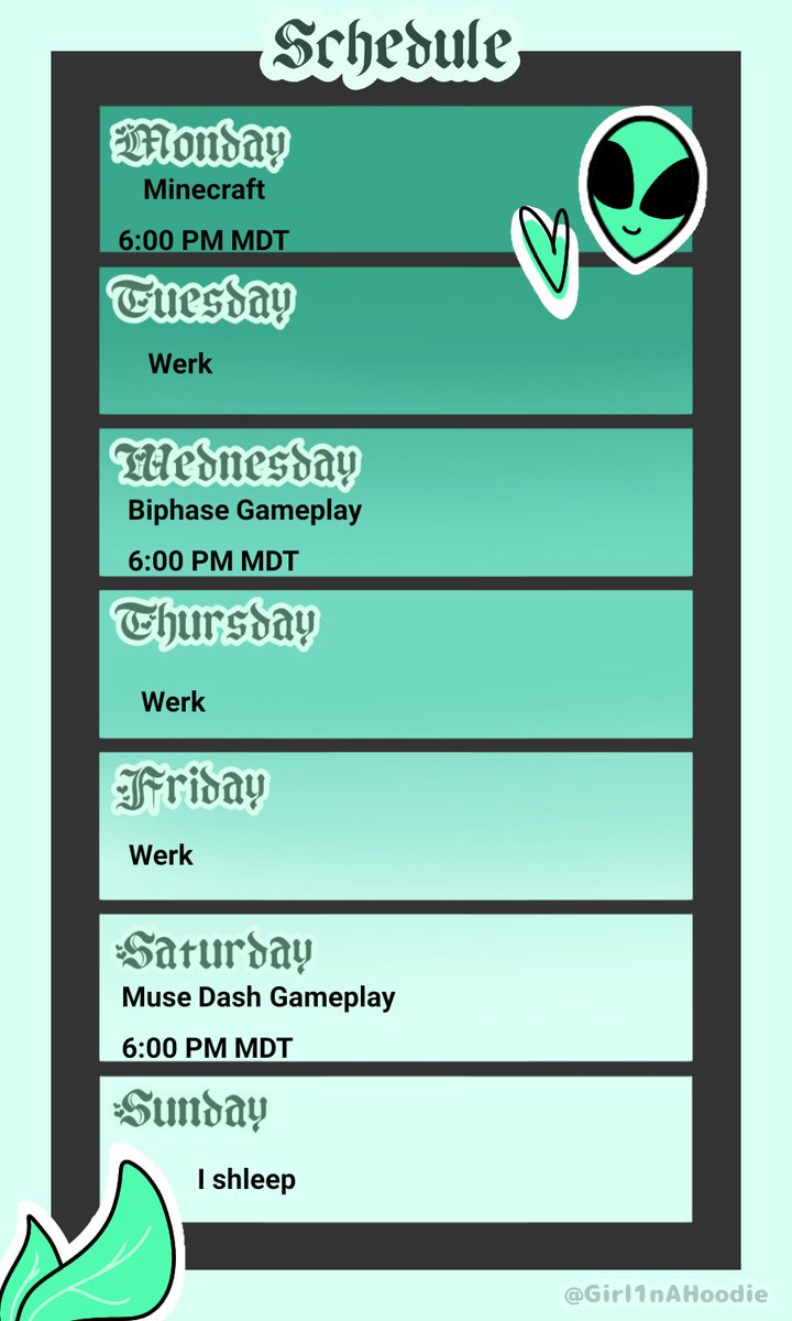 A1icedreams's tweet photo. New Week, new schedule!
#Biphase #MUSEDASH #Minecraft #Streams https://t.co/T93KcrbHYY