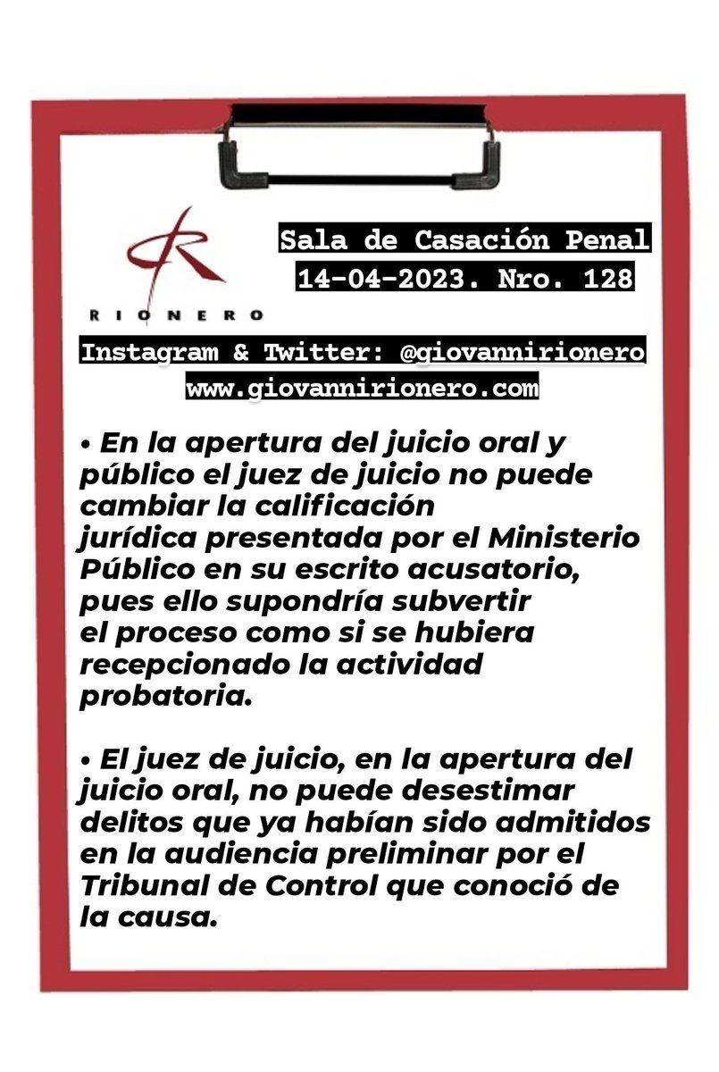 GiovanniRionero's tweet photo. #AdmisiónDeHechos El juez de juicio, en la apertura del juicio oral y público, no puede desestimar delitos que ya habían sido admitidos en la audiencia preliminar por el Tribunal de Control, para luego permitir al imputado acogerse a la institución de la Admisión de Hechos. https://t.co/ClM8xcjbnl