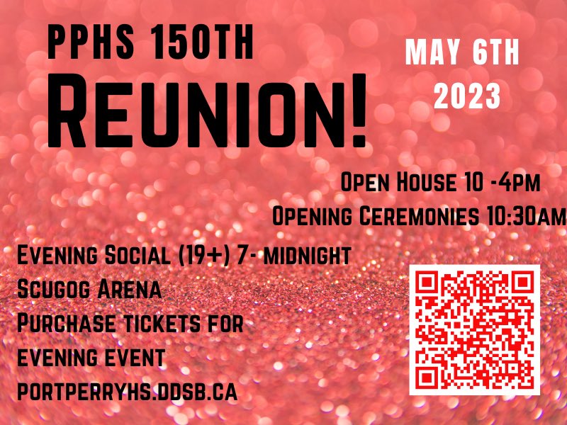 PortPerryHS (@portperryhs) on Twitter photo The PPHS Reunion is in less than 2 weeks! Don’t miss it! Go to our website at portperryhs@ddsb.ca and click on the large “150th Anniversary” image near the top of the website. The PPHS Reunion is in less than 2 weeks! Don’t miss it! Go to our website at portperryhs@ddsb.ca and click on the large “150th Anniversary” image near the top of the website.