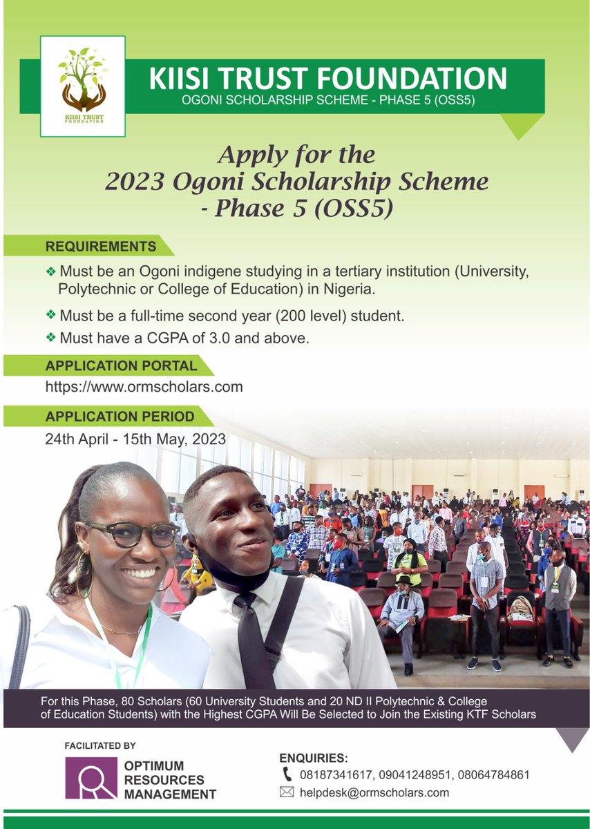 KiisiTrust's tweet photo. The application portal for the Kiisi Trust Foundation Ogoni Scholarship scheme phase 5 (OSS 5) for 200 level Ogoni students in any tertiary Institutions in Nigeria is now open to receive applications.

To apply, click on the Link below:
https://t.co/gh4Q2cUsU5 https://t.co/m5Vu8UqWgC