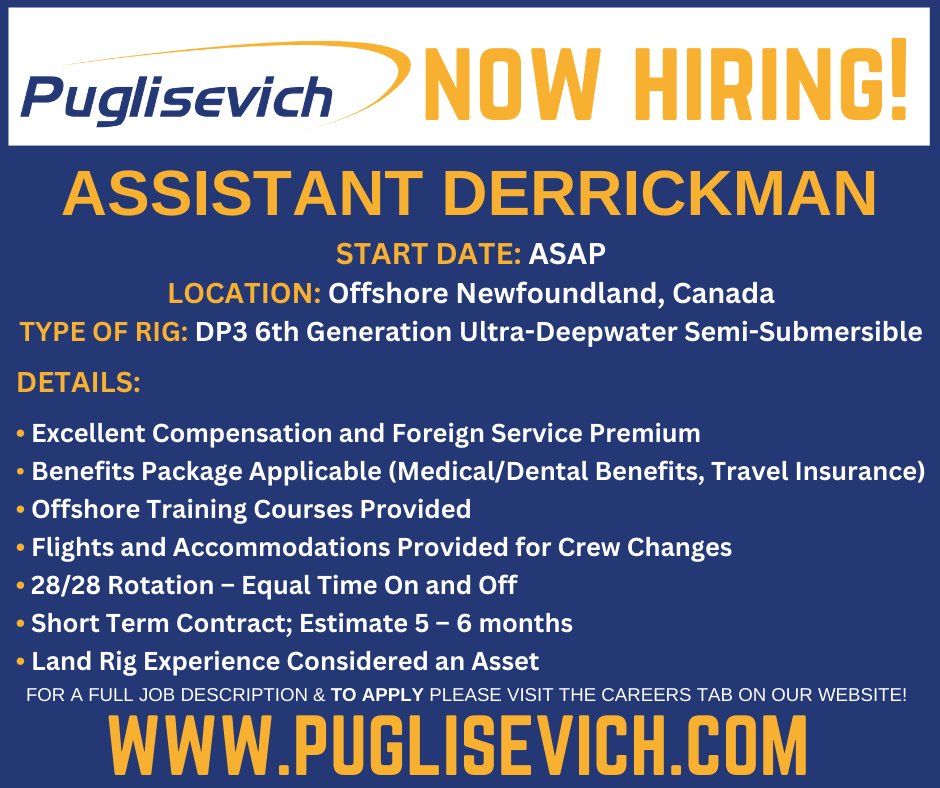 NOW HIRING - Assistant Derrickman

For a full job description and to apply click the link below:
 appone.com/MainInfoReq.as… 
 
#puglisevich #AssistantDerrickman #offshore #offshorejobs #oilgas #oilgasjobs #hiring #vacancies #recruiting #careers #nowhiring #jobsearch #job #applynow