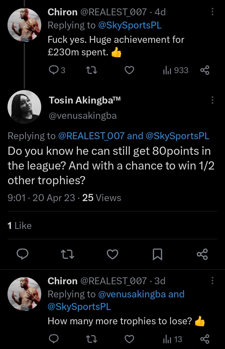 @EmekaD7 @venusakingba @aboagye_Enok 'Only 1 team to win a trophy...' Sigh bro, u got me weak with that weak comeback 🤦‍♂️🤦‍♂️

Anyway,Tosin's response 3 days ago...

4 trophies to play for...4 turns to 3, 3 turns to 2 with a slim chance of a mickey mouse domestic double.

Excuses & excuses with each trophy we bottle👍