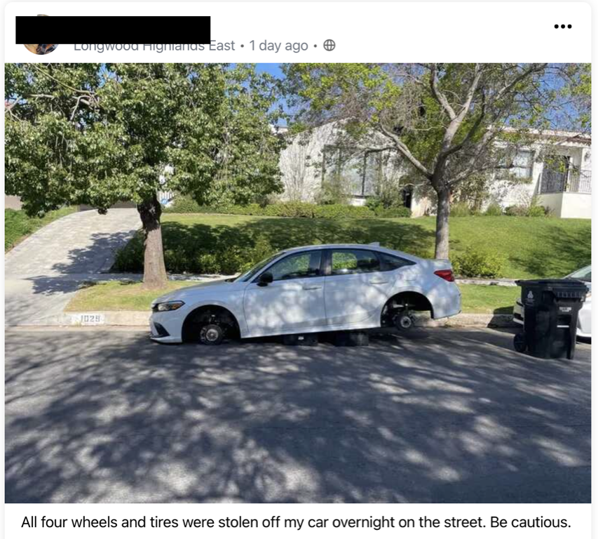 NatalieofLA's tweet photo. @Jason (not me so redacted the name) but I, for one, would like to call out that this wouldn't have happened if car companies just didn't make those wheels so damn visible to thieves https://t.co/NitqGRGJEb