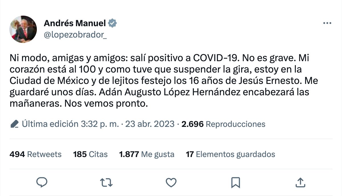 lopezdoriga's tweet photo. El presidente dio positivo a COVID-19.

Señaló que ya está en la Ciudad de México, festejando 'de lejitos' el cumpleaños de su hijo Jesús Ernesto.

Las 'mañaneras' estarán encabezadas por Adán Augusto López (@adan_augusto), secretario de Gobernación https://t.co/KoeBWcRyFm https://t.co/zp5sRoZVc3