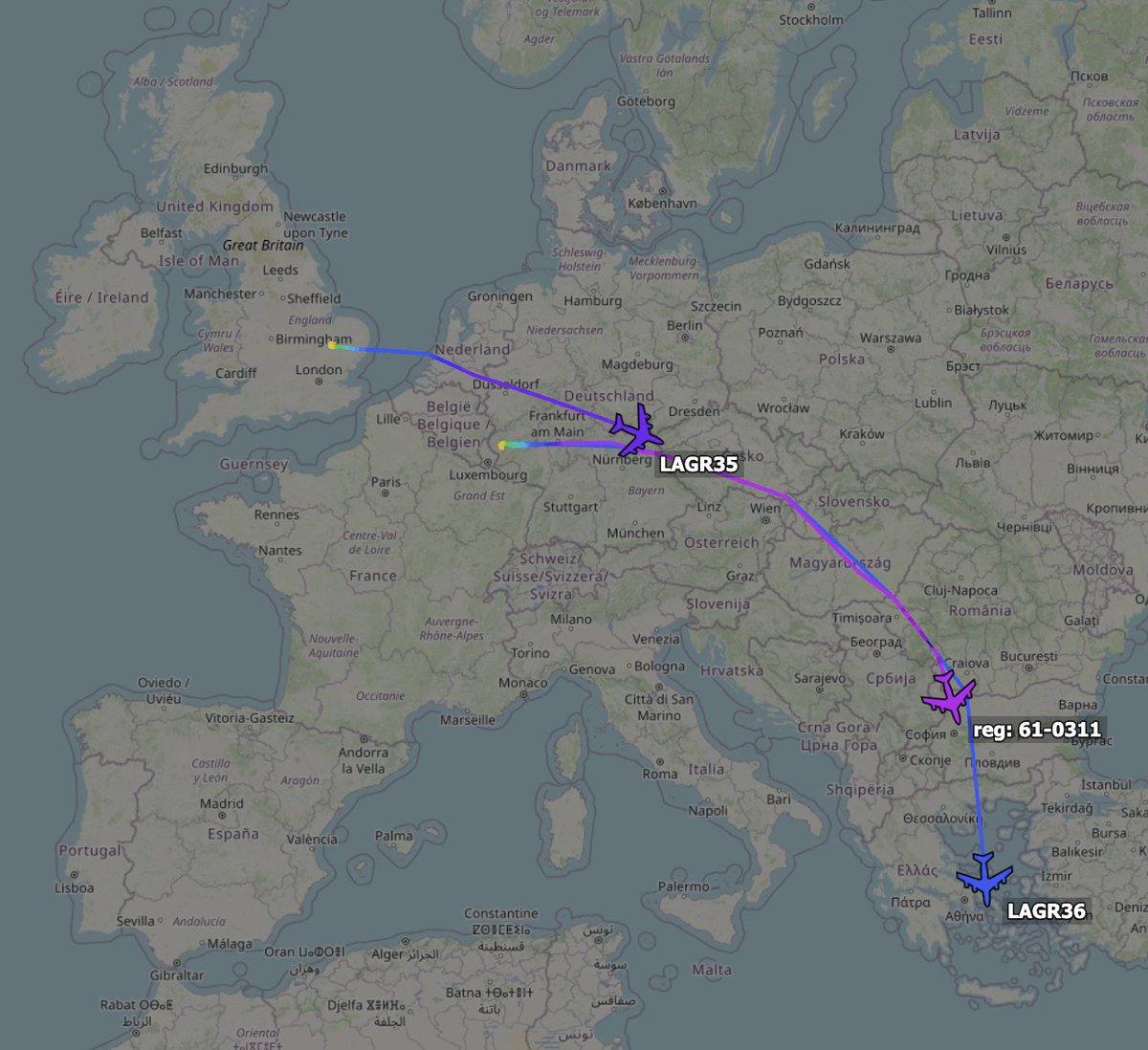 TheSnoopySnoop's tweet photo. Trio of USAF KC-135 Stratotanker's migrating south to Souda Bay tonight

#LAGR36 #AE0267 57-1483 ex-Spangdahlem
#LAGR37 #AE04EB 61-0311 ex-Spangdahlem
#LAGR35 #AE0264 60-0355 ex-Mildenhall

#AvGeek #Planespotting https://t.co/gjZXVzO5N4