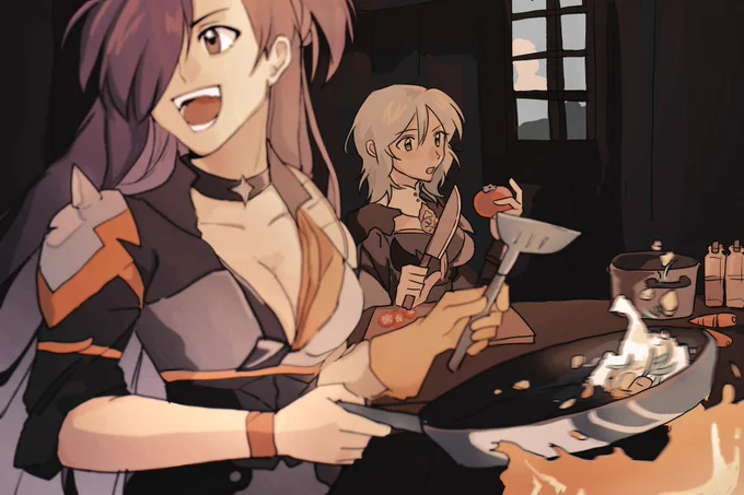 #FE3H #FEW3H Byleth &amp; Shez cooking  A print I drew for school's anime club 
