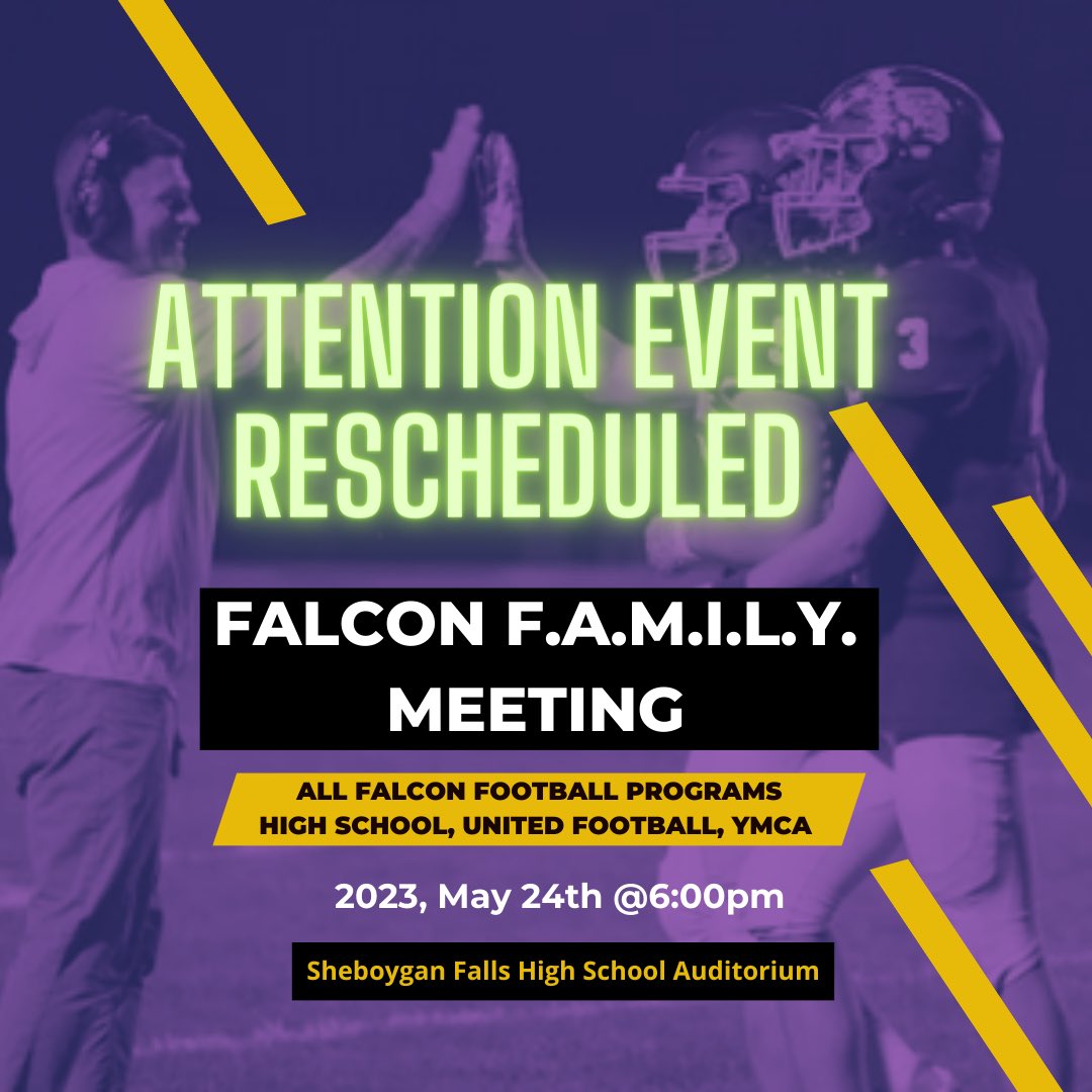 Attention Falcon Football Family! Due to a circumstance that occurred after our FAMILY event was scheduled we will have to reschedule our all program meeting. We apologize greatly for the inconvenience this may cause. Our new tentative date is Wednesday May 24th 6:00pm. #FAMILY