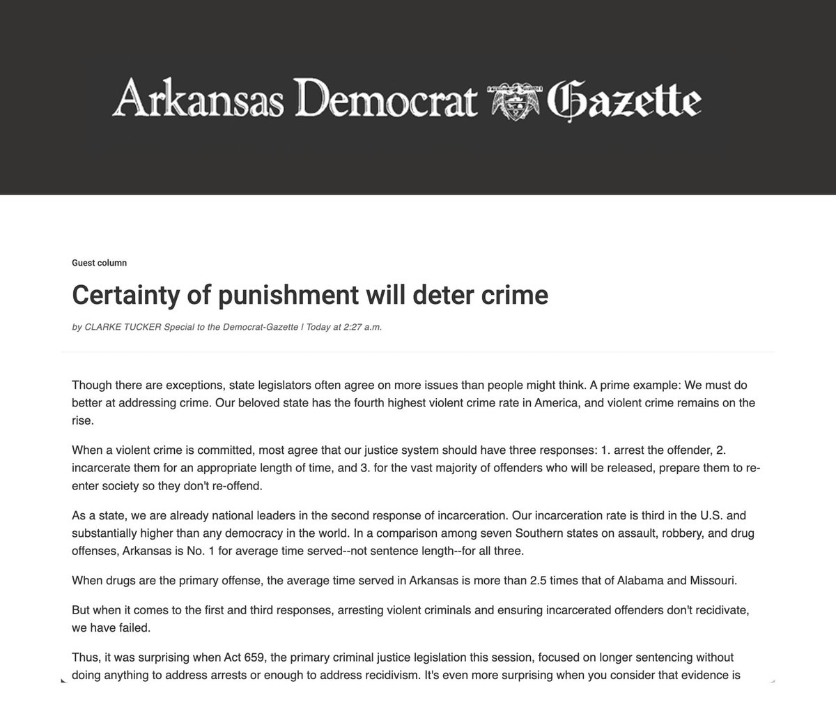 Did you happen to catch my guest column in today’s <a href="/ArkansasOnline/">AR Democrat-Gazette</a>? A lot of Arkansans are worried about crime, and rightfully so. Everyone deserves to feel and be safe in their homes, schools, and communities. Yet our crime rate continues to go up, 1/6