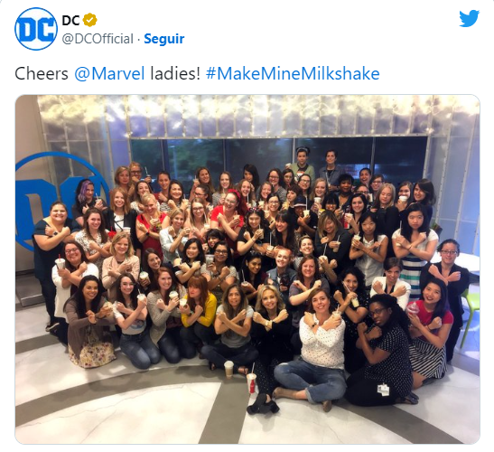SiteJamesons's tweet photo. Obviamente a situação não morreu aí.
Diversos profissionais da indústria twittaram em apoio à Heather, promovendo o #MakeMineMilkshake.
Inclusive, os escritórios da Marvel e da DC entraram no movimento. https://t.co/ZkRHujwc9W