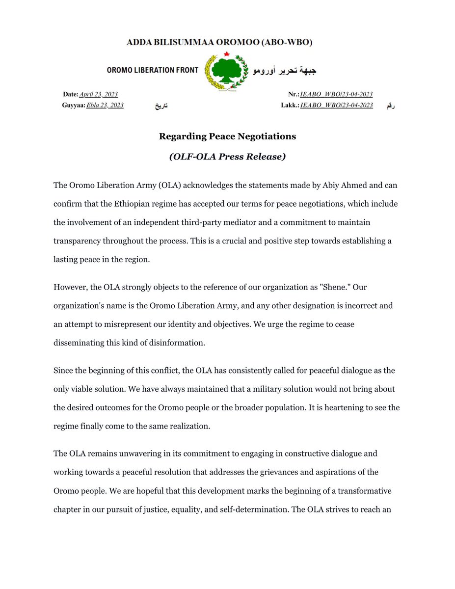 OdaaTarbiiWBO's tweet photo. Statement regarding peace negotiations and Abiy Ahmed's statements.

#Ethiopia #Oromia #Oromo #OromoLiberationArmy https://t.co/ooxh32icjy
