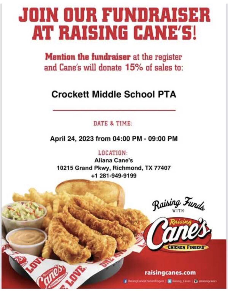 DcmsPta's tweet photo. 🚨Hi everyone, TOMORROW is our Spirit Night @raisingcanes &amp; our General PTA Meeting!!! 

Please come out &amp; support us!  #Ittakesavillage #community #PTA 
@DCMSMavericks https://t.co/PQQ4H2Uo8j