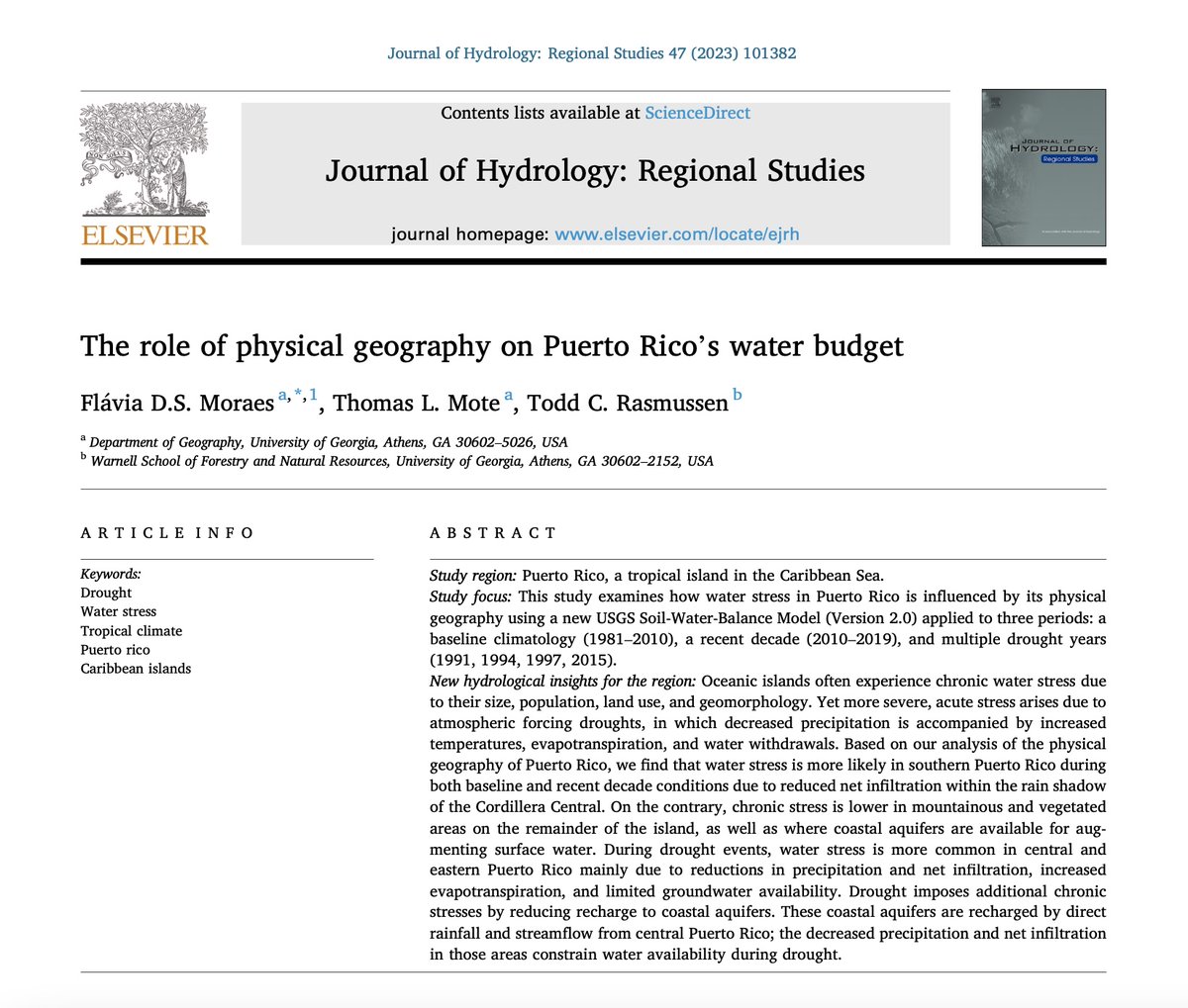 Kudos to GEOS lecturer <a href="/flaviamoraes/">Flávia Moraes</a> on the publication of her latest paper in the Journal of Hydrology: Regional Studies, evaluating the effect of physical geography on Puerto Rico’s water budget during times of drought

📜👉 sciencedirect.com/science/articl…