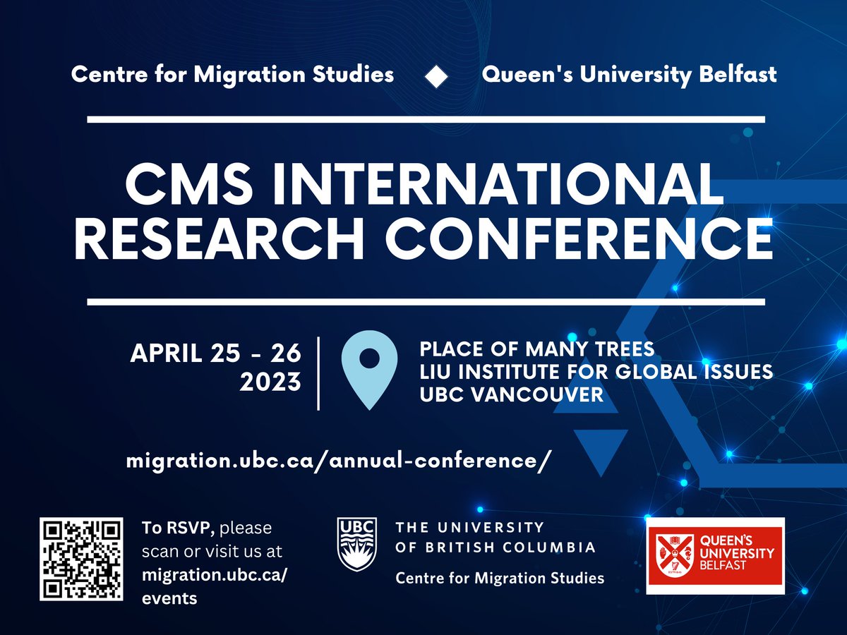 It's almost time to kick off our 1st Int'l Research Conference! Apr 25-26 at UBC in collab w/ <a href="/QUBelfast/">Queen's University Belfast 🎓</a>. Shahram Khosravi keynote (Zoom), migration research panels, &amp; an acad publishing panel w/real editors &amp; writers. Plus RSVP LUNCH. All free! migration.ubc.ca/annual-confere…