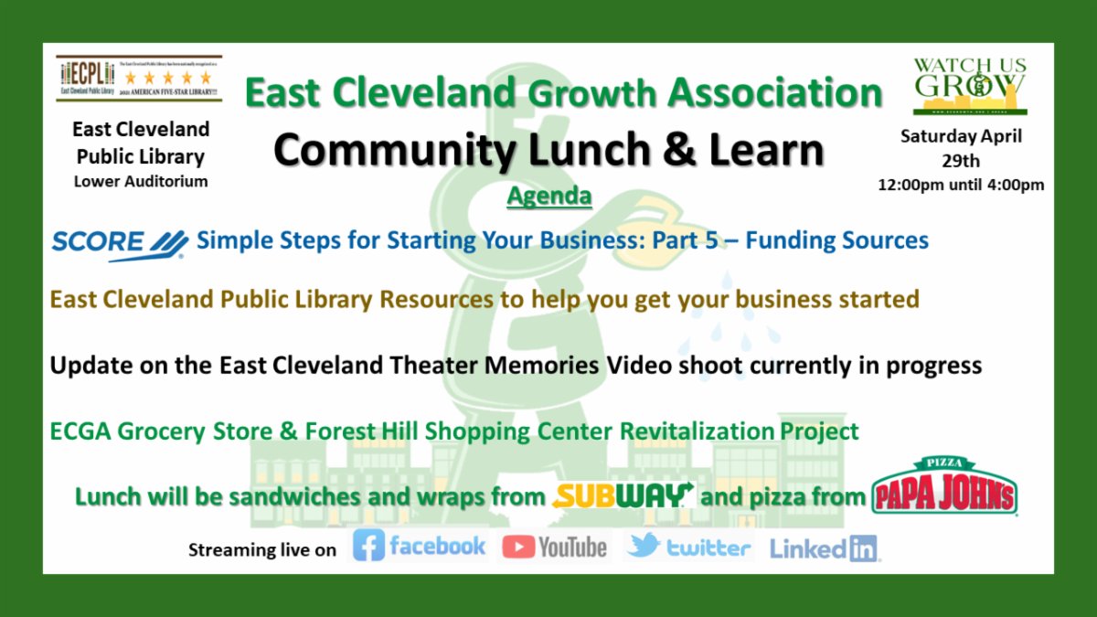 ECGrowth's tweet image. Join ECGA this coming Saturday for our April Community Lunch &amp;amp; Learn.

Consider registering for the event by clicking this link: conta.cc/3AoyVOM

REGISTRATION IS NOT REQUIRED! 

EAST CLEVELAND RESIDENTS and NON-RESIDENTS are welcome!

#HopeToSeeYouThere  #WatchUsGrow