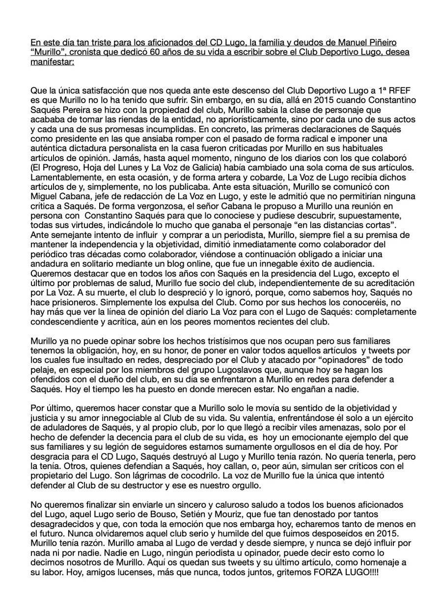 lavozdemurillo's tweet photo. @CDeportivoLugo Comunicado de la familia de Manuel Piñeiro, Murillo, sobre el descenso del club. https://t.co/JSNguLOslj