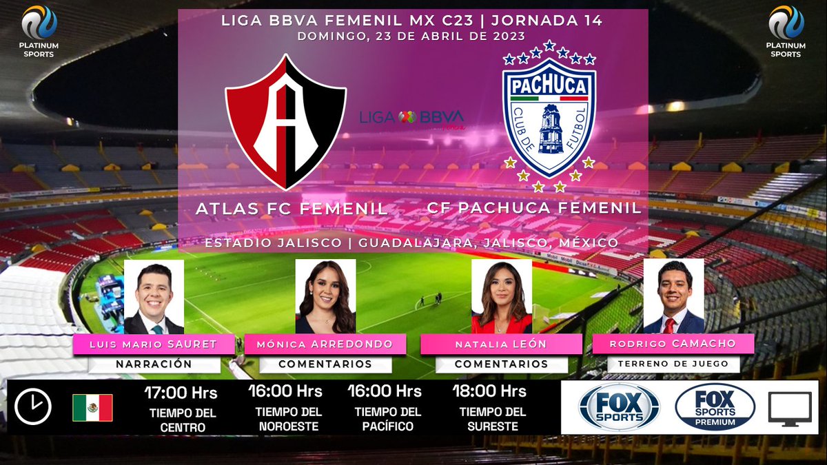 ramonovic09's tweet photo. 🇲🇽 #LigaBBVAFemenilMX #C23 #Jornada14 | @AtlasFCFemenil 🆚 @TuzosFemenil
#Atlas #Pachuca
🗓️ Hoy
🇲🇽 ⏰ 17:00 Hrs TC, 16:00 Hrs TP
📺 @FOXSportsMX , #FSPremiumMX
🎤 @lmsauret
🎤 @MonicaArredondo
🎤📝 @_NataliaLeon_
🎤⛳ @rodrigocamacho_
🤳🏼 #LigaFemenilxFSMX #ATSPAC https://t.co/pTuwxMqYsl