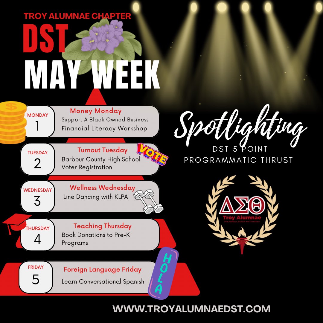 TroyDST's tweet photo. Support the ladies of #troyalumnaeDST during our May Week Activities!! 

We had you in mind and hope that you will join us as we spotlight #DST1913 5 Point Programmatic Thrust. https://t.co/eXux95jpH3