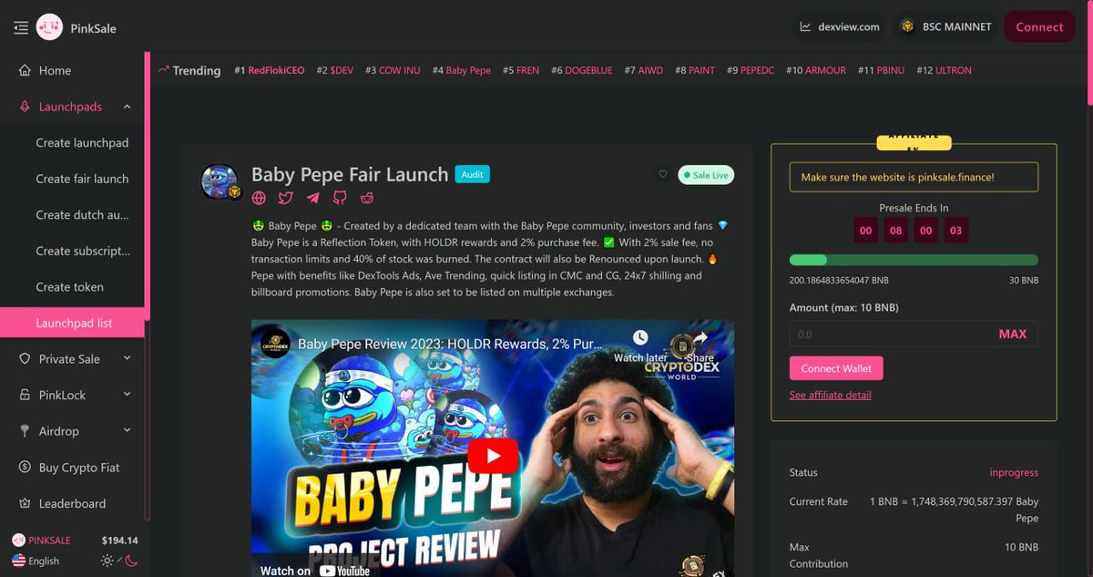 We're excited to announce that we've surpassed the milestone of 200 BNBs raised during our fair launch! This is a testament to the strength and support of our community and the unique value proposition offered by Baby Pepe.#BabyPepe #CryptoCommunity

pinksale.finance/launchpad/0x66…