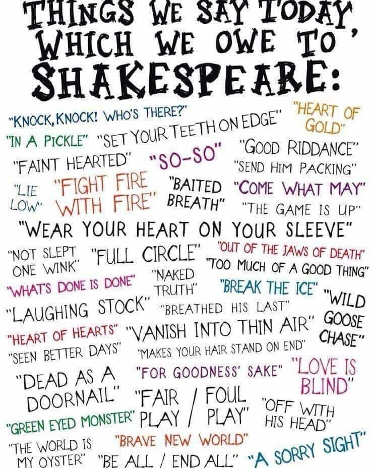 ¡Feliz cumpleaños Shakespeare! 🥳🎉

Para estudiantes de idiomas… estos modismos👇 se usan mucho en inglés, y ¿sabías que cada uno nos viene de las obras de Shakespeare? 

Las y los aficionados al teatro tienen mucho cariño por su obra, por su gran creatividad y empatía ❤️🎭📚