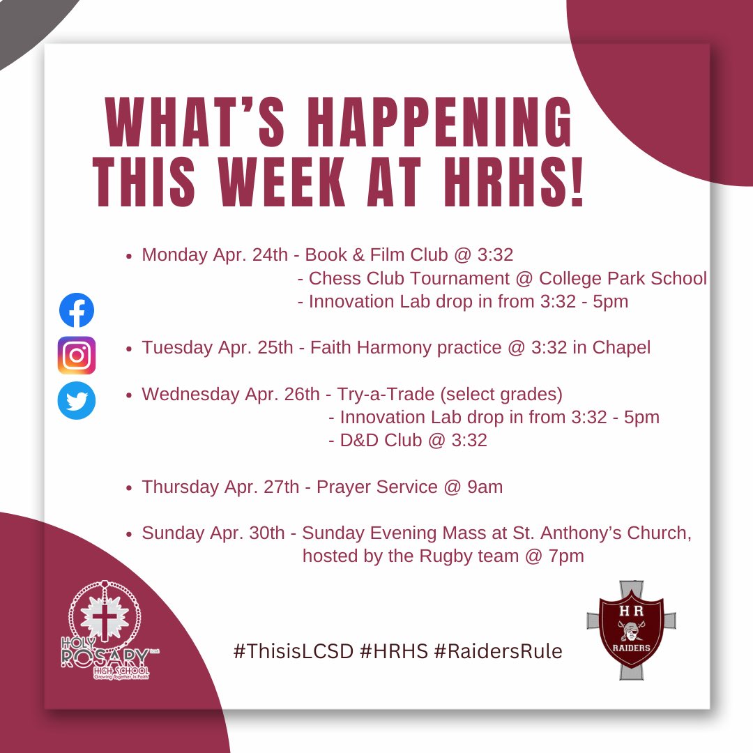 Happy Sunday #HRHS!

Few things to note:
➡️ The Innovation Lab is open for drop ins on Mondays &amp; Wednesdays🕹️
➡️ Prayer Service in the gym on Thursday morning 

Have a wonderful week😃
#thisisLCSD #yll #raidersrule #whatshappeningthisweekathrhs