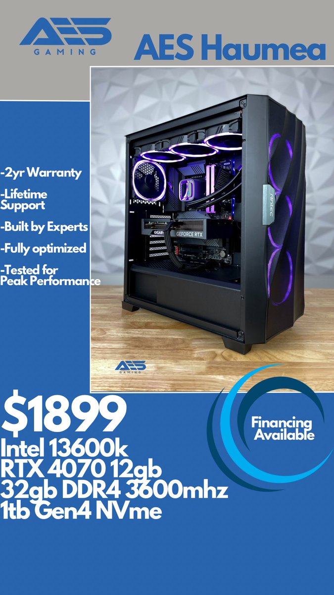 RTX 4070 systems are ready to ship! Get yours today!
aestechgaming.com