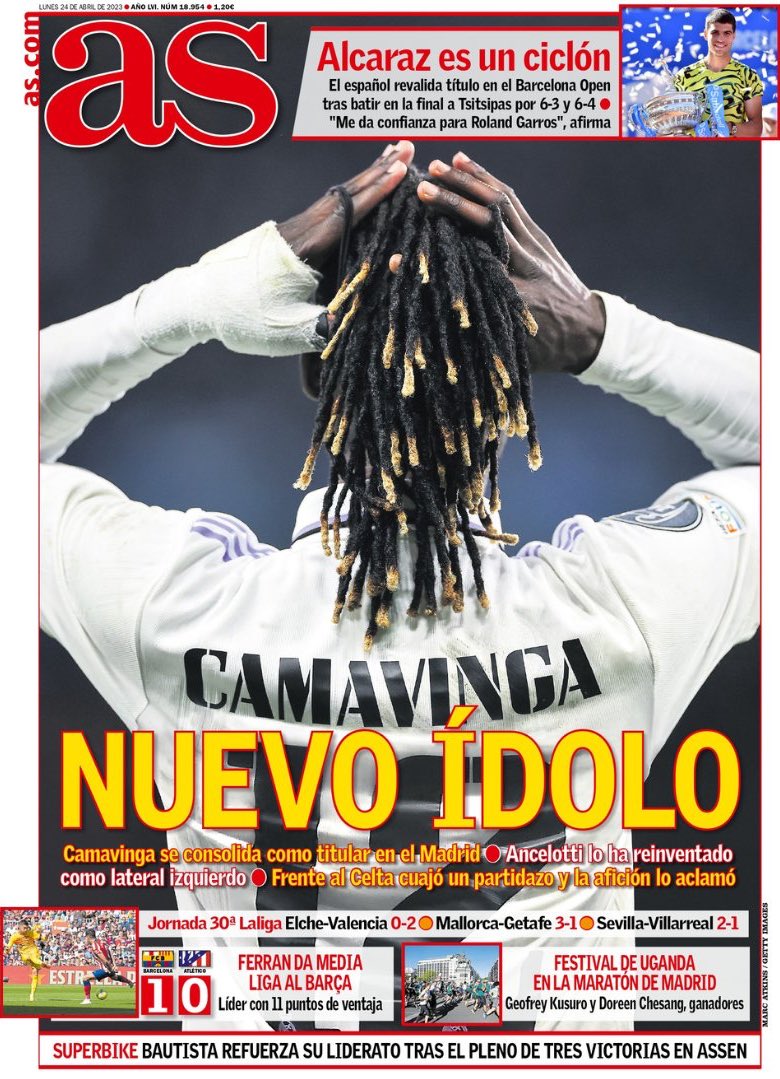 RMadridFrance_'s tweet photo. La une de AS : « NOUVELLE IDOLE » En effet, Camavinga a conquis le Real Madrid et ses supporters en tant que titulaire, et les fans l’acclament. Ancelotti a su l’implanter en tant que joueur très polyvalent, ce qui en fait sa force. https://t.co/ZzT2gR7D9e