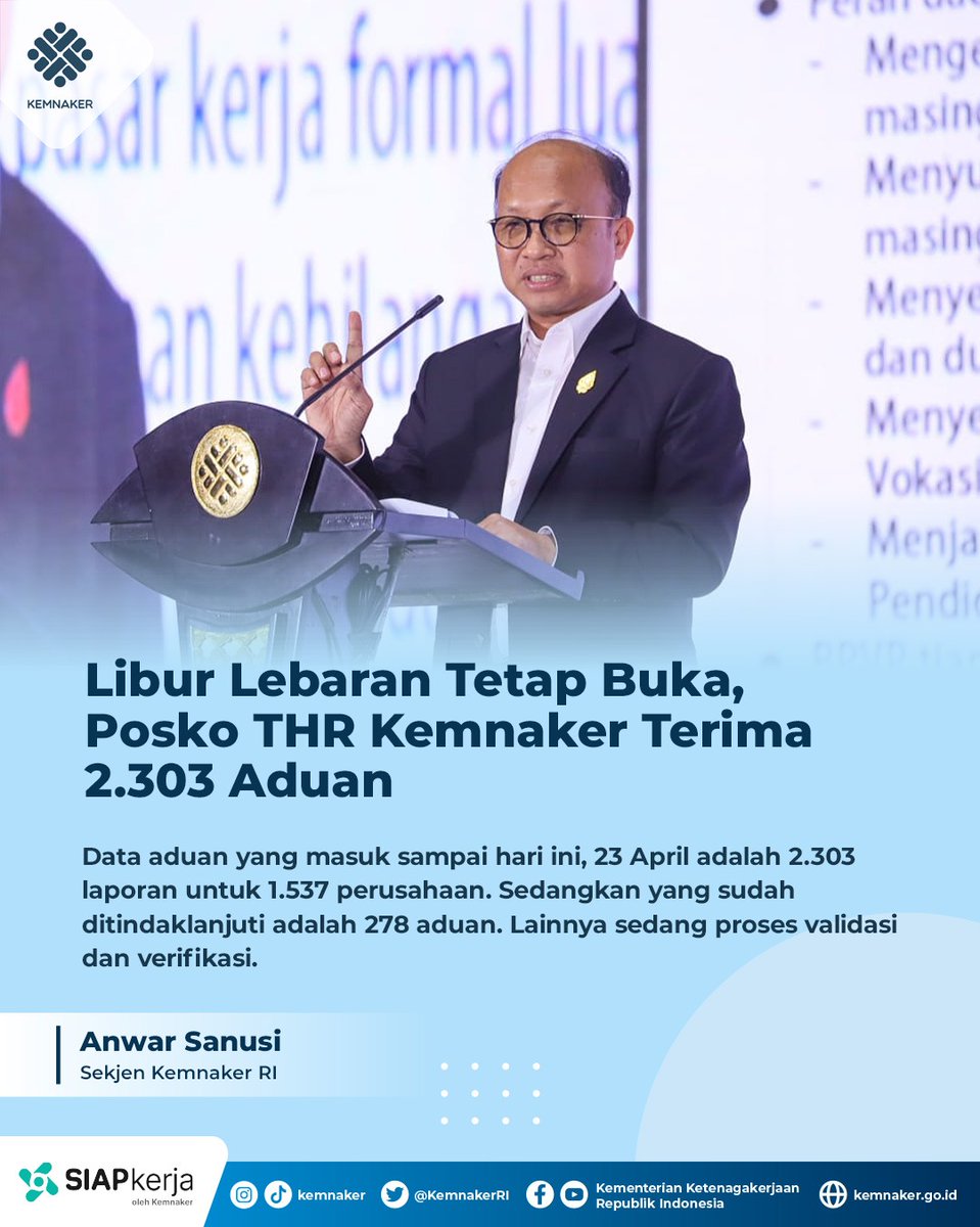 #SiaranPersKemnaker

H+1 Lebaran, Posko THR Kemnaker Terima 2.303 Aduan