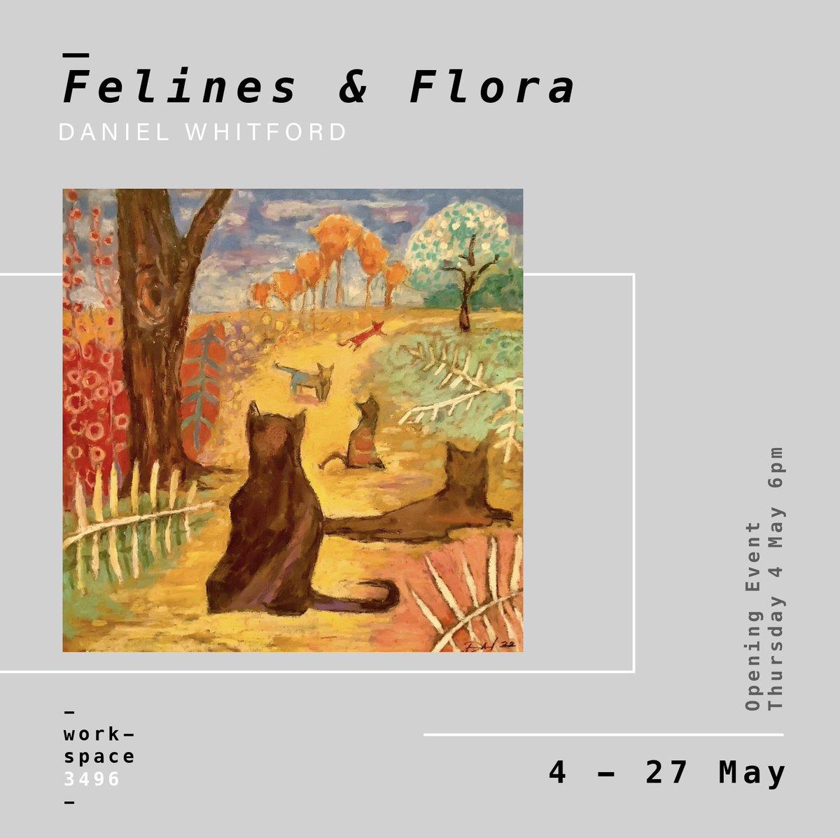 workspace3496's tweet photo. 𝘍𝘦𝘭𝘪𝘯𝘦𝘴 &amp; 𝘍𝘭𝘰𝘳𝘢
Daniel Whitford
4- 27 May 2023
Join us for the opening 4 May 6pm.
#Workspace3496 #RedCliffs #Sunraysia #Invite #art #gallery #oilpastel #exhibition https://t.co/GFmCqxDCHV