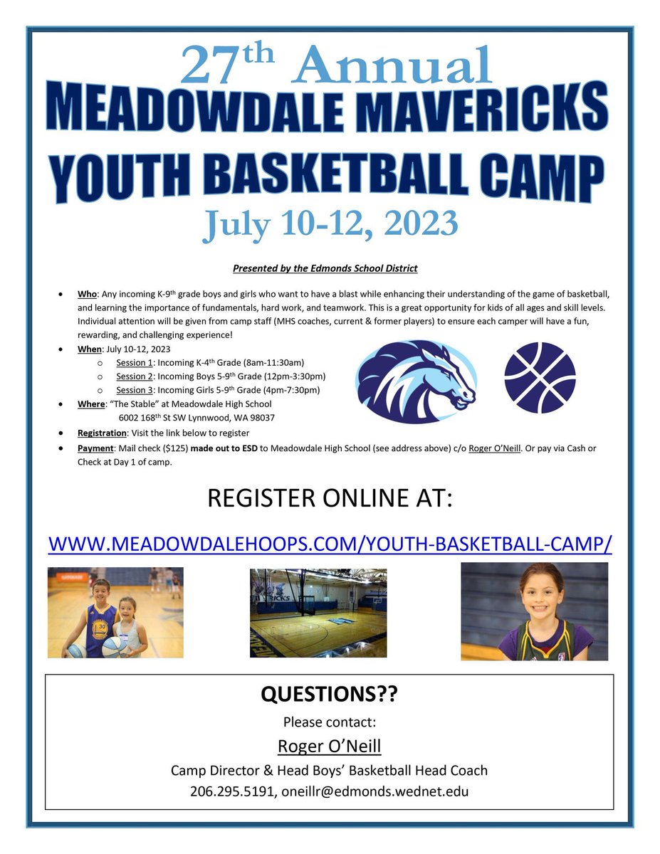 Registration is open for the 27th Annual Meadowdale Youth Basketball Camp!

July 10-12, 2023 in #TheStable at MHS.
 
•Session 1: K-4th Grade Boys/Girls
•Session 2: 5-9th Grade Boys
•Session 3: 5-9th Grade Girls 

Register online today at meadowdalehoops.com/youth-basketba…