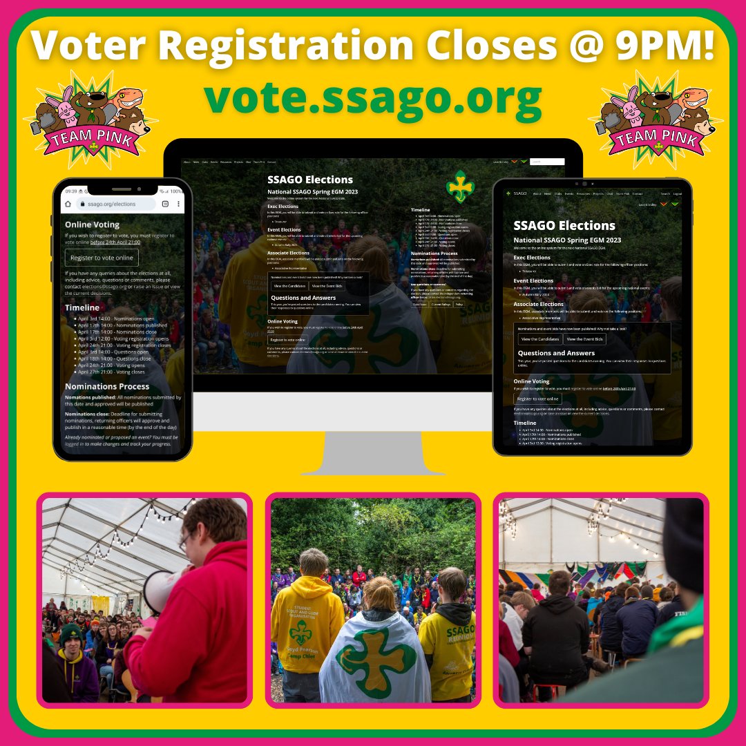 Make sure your voice is heard by registering to vote in our Spring EGM at vote.ssago.org now! At 9PM today, voter registration will close and voting itself will open. Best of luck to all candidates! 😃