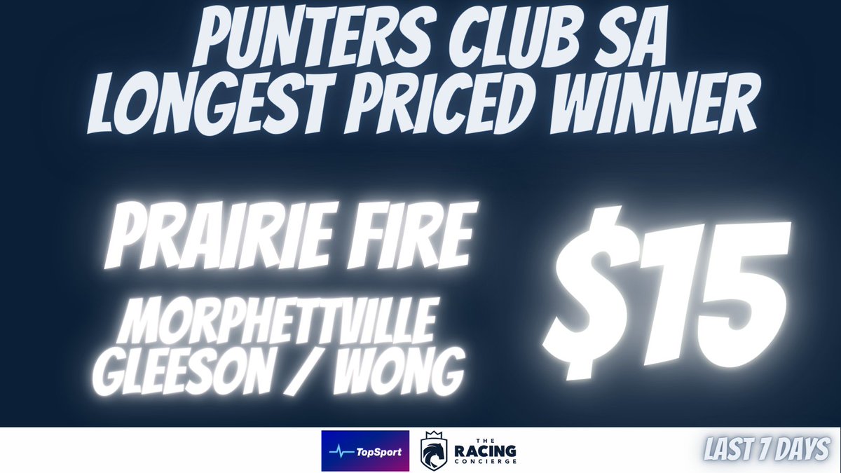 Punters Club SA (@puntersclubsa) on Twitter photo ✌️ reasons to celebrate PRAIRIE FIRE taking out the last at <a href="/SAJockeyClub/">Morphettville Racecourse</a> were for JESS GLEESON and <a href="/elliswong05/">ellis wong</a>
PRAIRIE FIRE won the TALINDERT at his 2nd start and ran in the G1 BLUE DIAMOND and GOLDEN SLIPPER his next two as a 2yo
He is the weeks LONGEST PRICED SA WINNER ✌️ reasons to celebrate PRAIRIE FIRE taking out the last at <a href="/SAJockeyClub/">Morphettville Racecourse</a> were for JESS GLEESON and <a href="/elliswong05/">ellis wong</a>
PRAIRIE FIRE won the TALINDERT at his 2nd start and ran in the G1 BLUE DIAMOND and GOLDEN SLIPPER his next two as a 2yo
He is the weeks LONGEST PRICED SA WINNER
