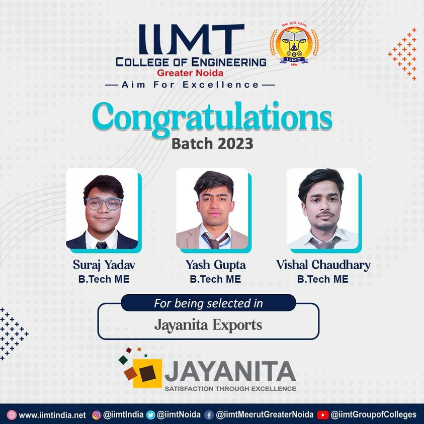 iimtnoida's tweet photo. IIMT College of Engineering #congratulate to our Students of B. Tech ME, Batch - 2023 for being #Selected in 'Jayanita Exports'
https://t.co/UOh7RIbr6l
Call Us: 9520886860
#Placement #CampusPlacement #IIMTIndia #IIMTian #MCAPlacements #BtechCS #AdmissionOpen2023_24 https://t.co/JECtDzmWkv