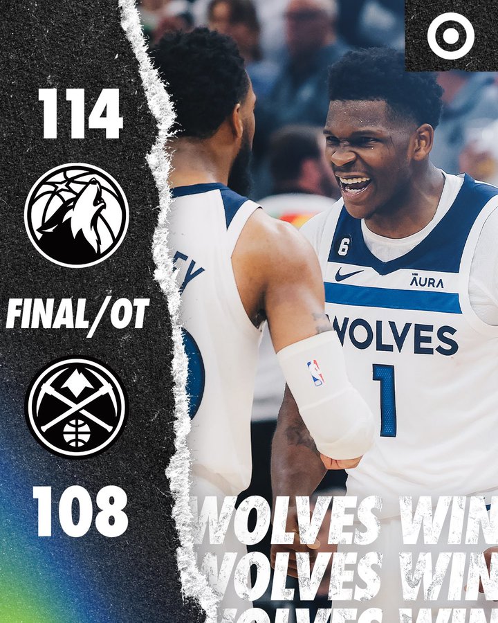 Timberwolves vs Nuggets Game 4 final score graphic.